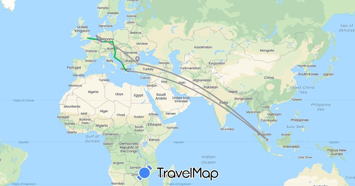 TravelMap itinerary: bus, plane, cycling, train in Albania, Czech Republic, Germany, United Kingdom, Greece, Croatia, Montenegro, Netherlands, Singapore, Turkey (Asia, Europe)